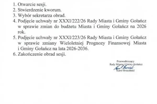 Nadzwyczajna sesja Rady Miasta i Gminy Gołańcz 31 sierpnia – zmiany w budżecie i WPF