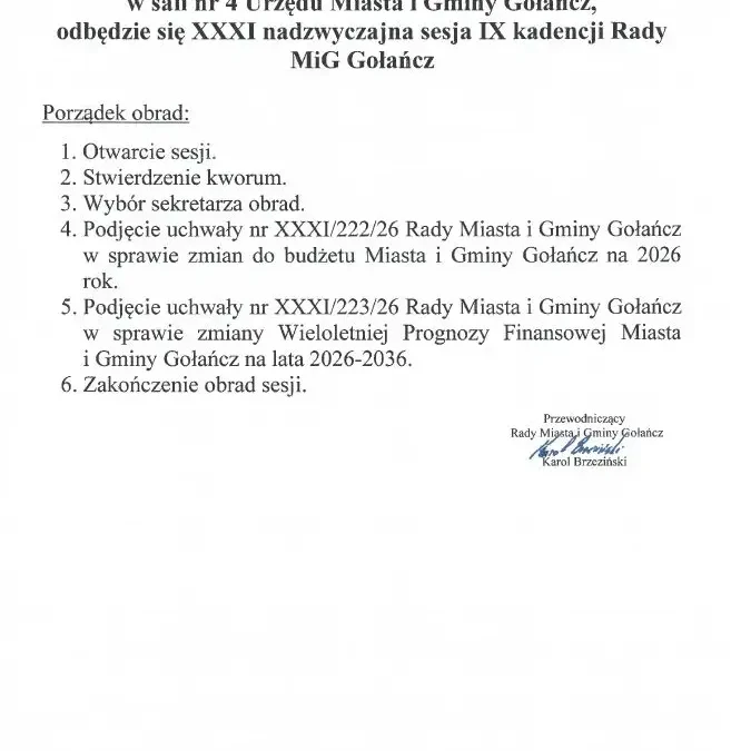 Nadzwyczajna sesja Rady Miasta i Gminy Gołańcz 31 sierpnia – zmiany w budżecie i WPF