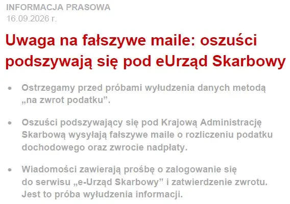Fałszywe maile od eUrzędu Skarbowego – oszuści próbują wyłudzić dane