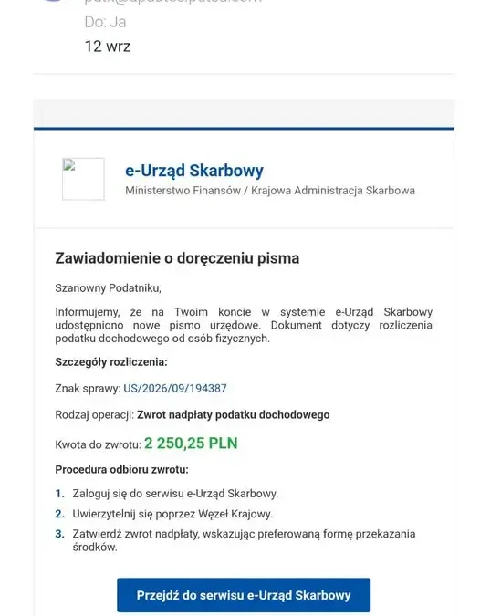 Oszuści podszywają się pod Krajową Administrację Skarbową. Fałszywe maile o zwrocie podatku