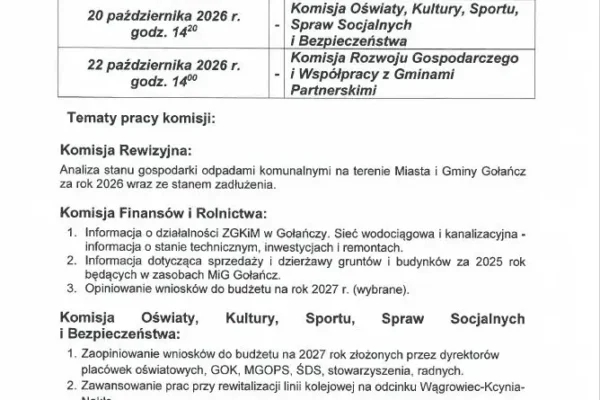 Komisje Rady Miasta i Gminy Gołańcz obradować będą w październiku 2026 r.