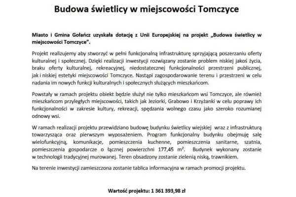 Gołańcz pozyskała unijne wsparcie na budowę świetlicy w Tomczycach