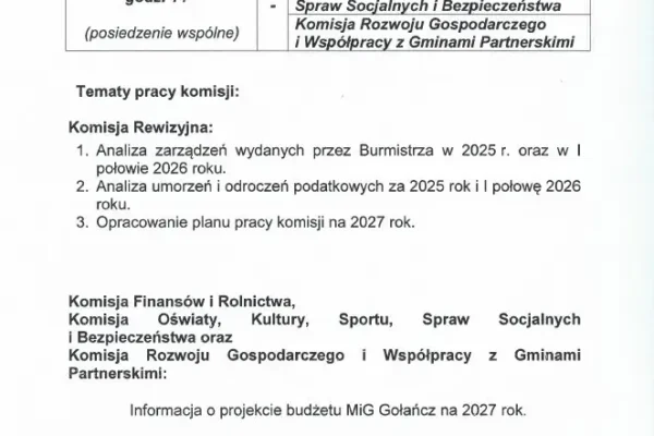 Komisje Rady Miasta i Gminy Gołańcz obradować będą w listopadzie