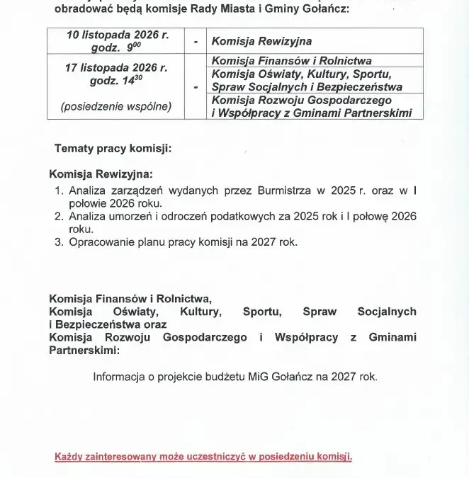 Komisje Rady Miasta i Gminy Gołańcz obradować będą w listopadzie